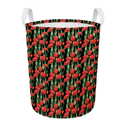 Red Watercolor Tulip Pattern Print Round Laundry Basket