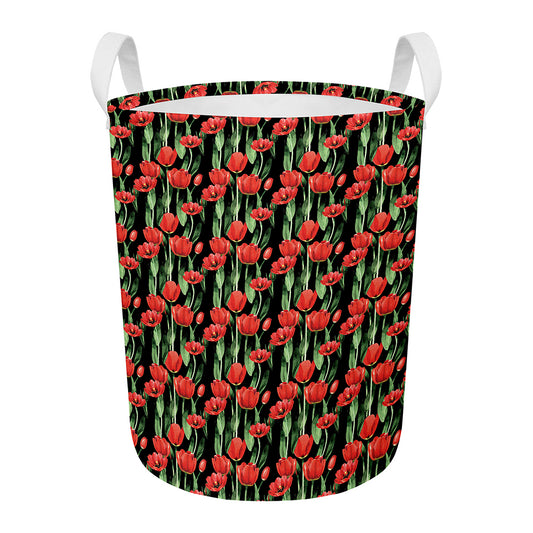 Red Watercolor Tulip Pattern Print Round Laundry Basket