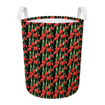 Red Watercolor Tulip Pattern Print Round Laundry Basket