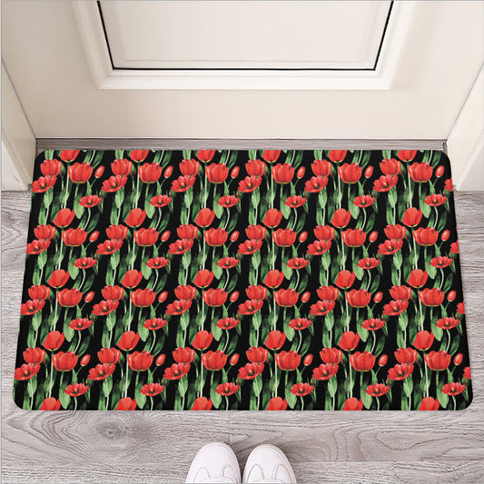 Red Watercolor Tulip Pattern Print Rubber Doormat
