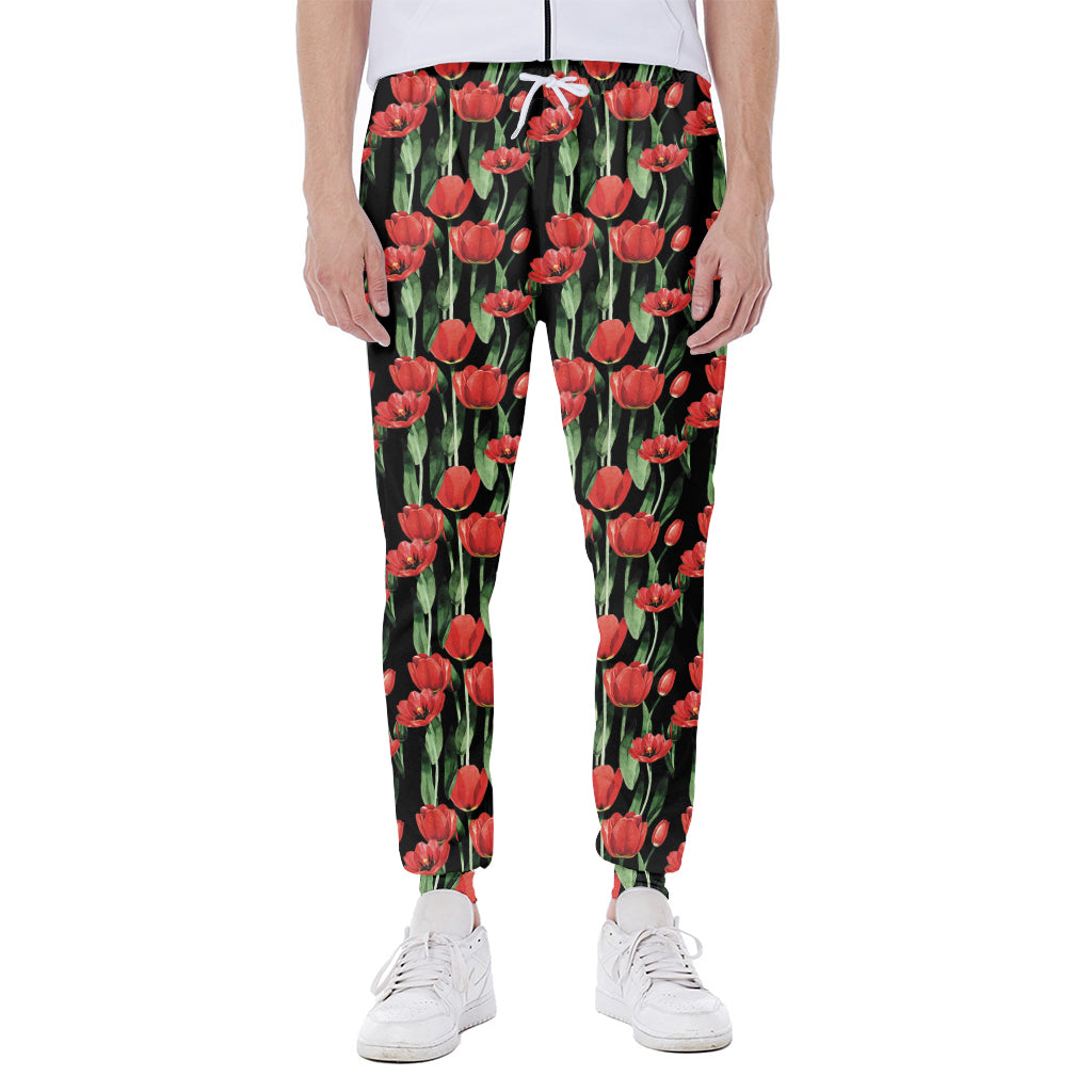 Red Watercolor Tulip Pattern Print Scuba Joggers