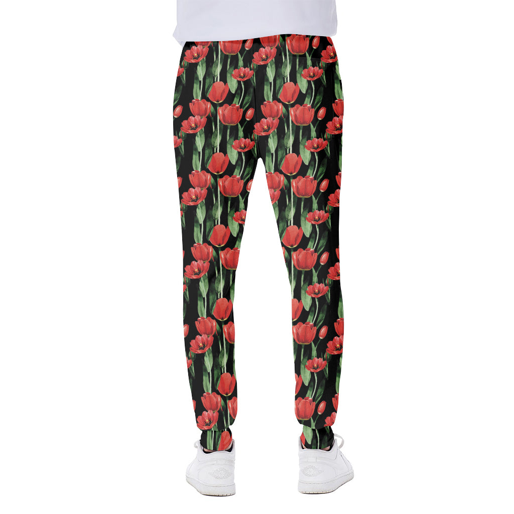 Red Watercolor Tulip Pattern Print Scuba Joggers