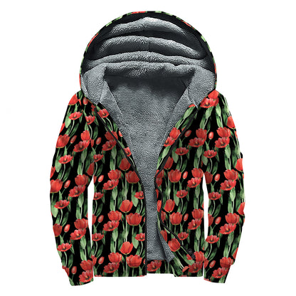 Red Watercolor Tulip Pattern Print Sherpa Lined Zip Up Hoodie