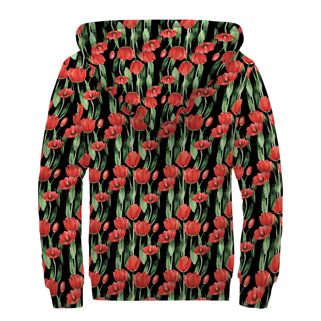 Red Watercolor Tulip Pattern Print Sherpa Lined Zip Up Hoodie