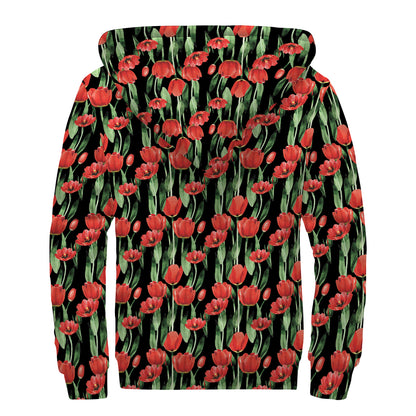 Red Watercolor Tulip Pattern Print Sherpa Lined Zip Up Hoodie