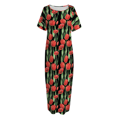 Red Watercolor Tulip Pattern Print Short Sleeve Long Nightdress