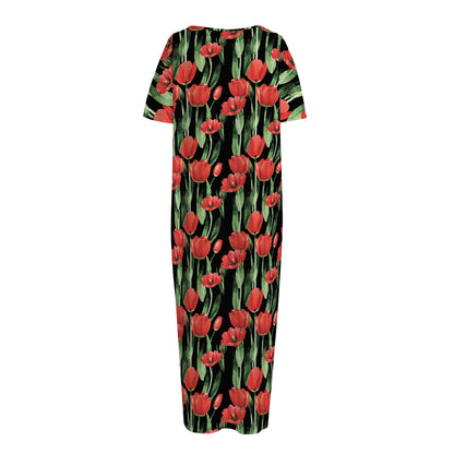 Red Watercolor Tulip Pattern Print Short Sleeve Long Nightdress