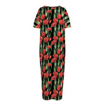 Red Watercolor Tulip Pattern Print Short Sleeve Long Nightdress