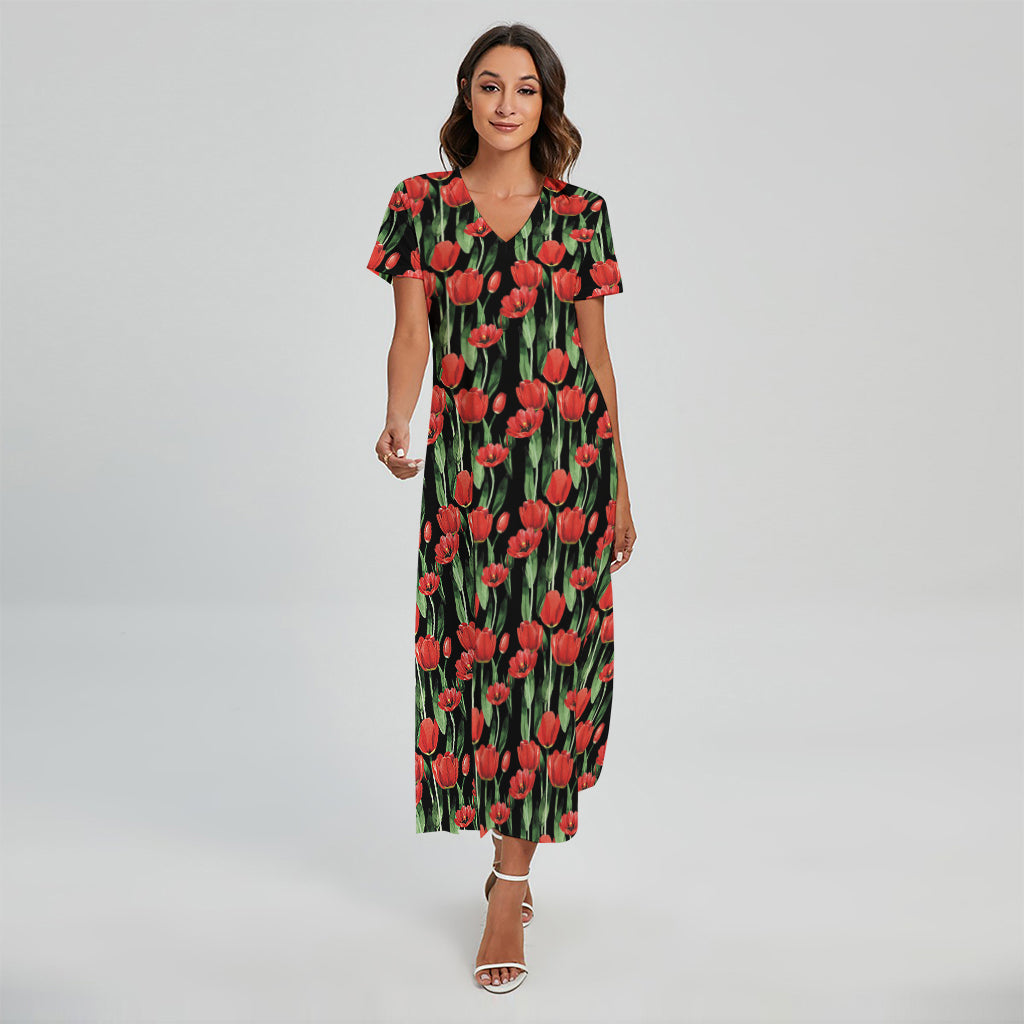 Red Watercolor Tulip Pattern Print Short Sleeve Maxi Dress