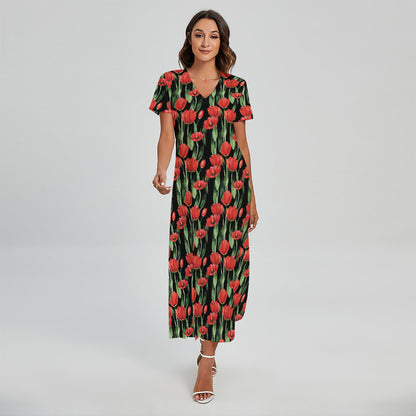 Red Watercolor Tulip Pattern Print Short Sleeve Maxi Dress