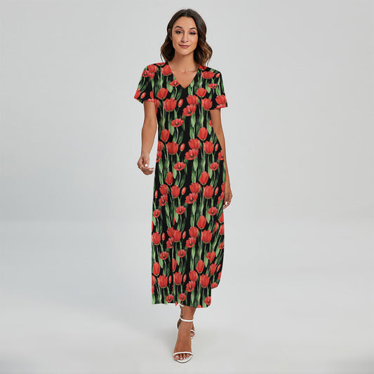 Red Watercolor Tulip Pattern Print Short Sleeve Maxi Dress