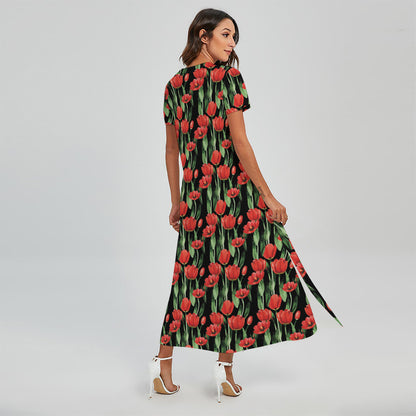 Red Watercolor Tulip Pattern Print Short Sleeve Maxi Dress