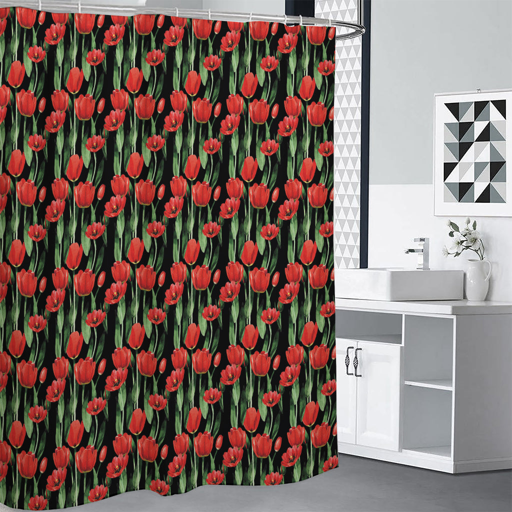 Red Watercolor Tulip Pattern Print Shower Curtain