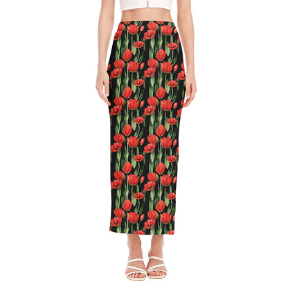 Red Watercolor Tulip Pattern Print Side Slit Maxi Skirt