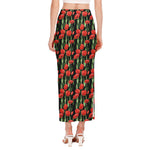Red Watercolor Tulip Pattern Print Side Slit Maxi Skirt