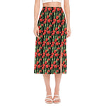 Red Watercolor Tulip Pattern Print Side Slit Midi Skirt