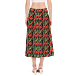 Red Watercolor Tulip Pattern Print Side Slit Midi Skirt