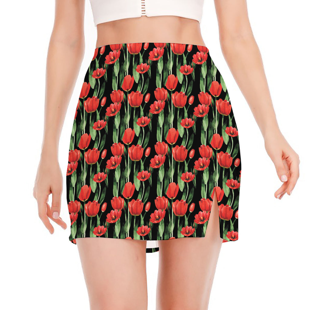 Red Watercolor Tulip Pattern Print Side Slit Mini Skirt