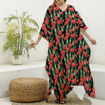 Red Watercolor Tulip Pattern Print Silk V-Neck Kaftan Dress