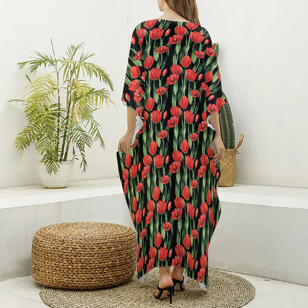 Red Watercolor Tulip Pattern Print Silk V-Neck Kaftan Dress