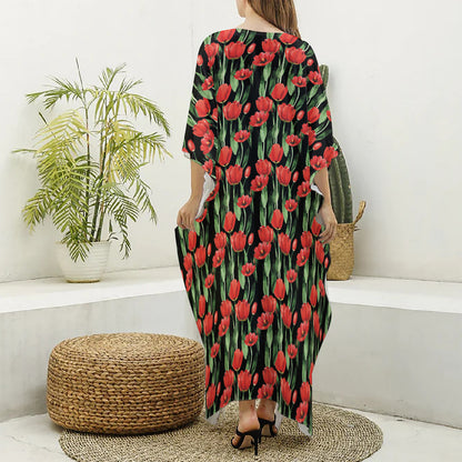 Red Watercolor Tulip Pattern Print Silk V-Neck Kaftan Dress