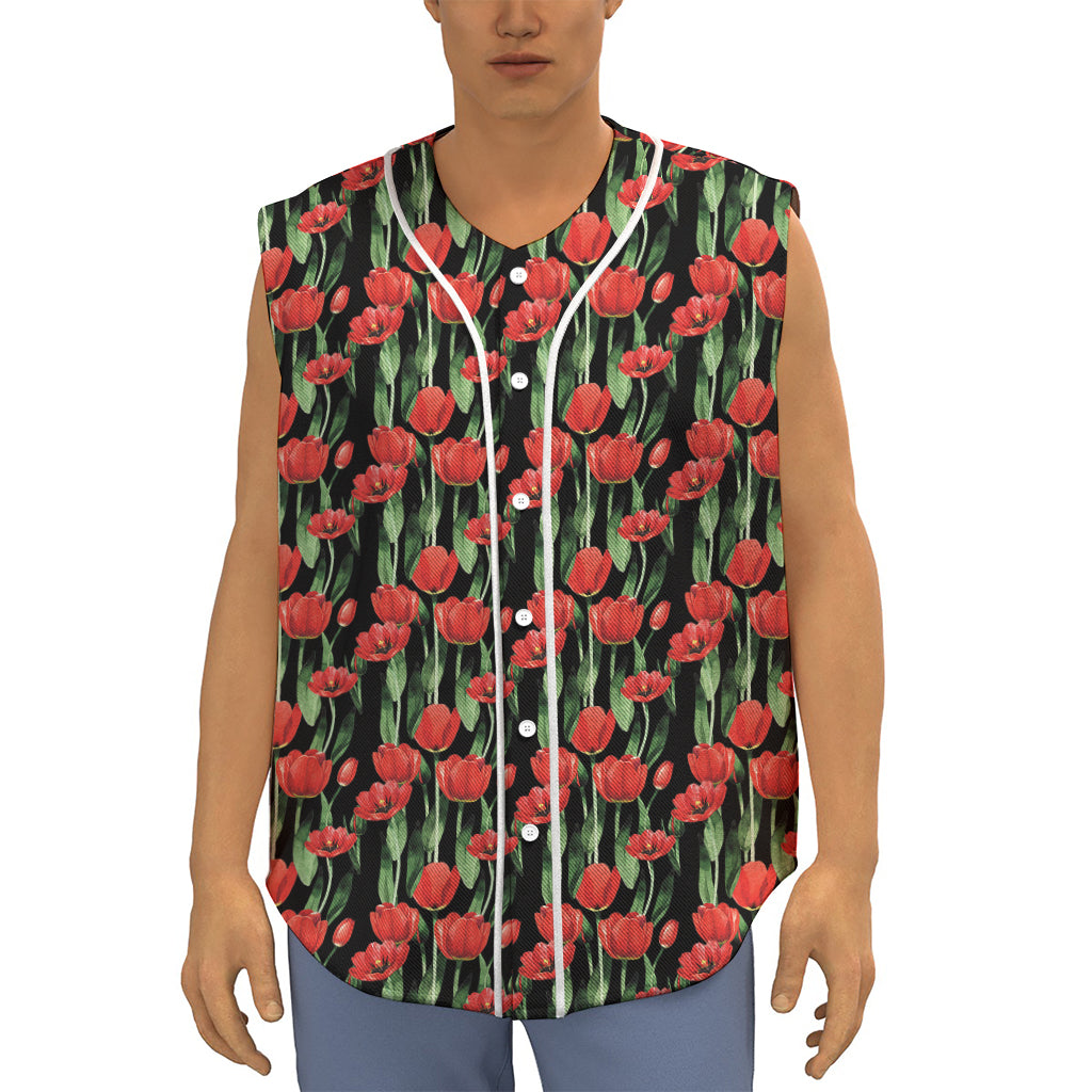 Red Watercolor Tulip Pattern Print Sleeveless Baseball Jersey