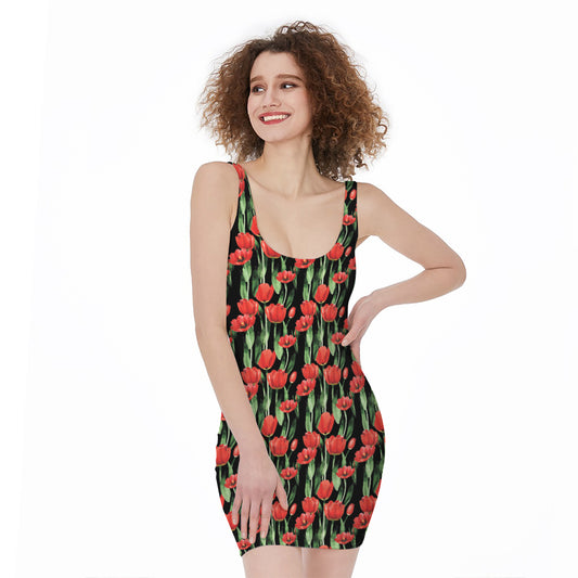 Red Watercolor Tulip Pattern Print Sleeveless Bodycon Dress