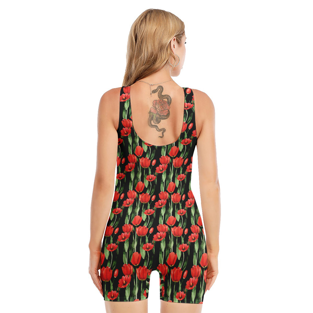 Red Watercolor Tulip Pattern Print Sleeveless One Piece Swimsuit