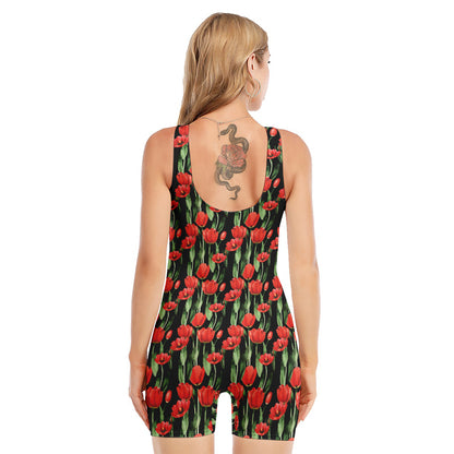 Red Watercolor Tulip Pattern Print Sleeveless One Piece Swimsuit