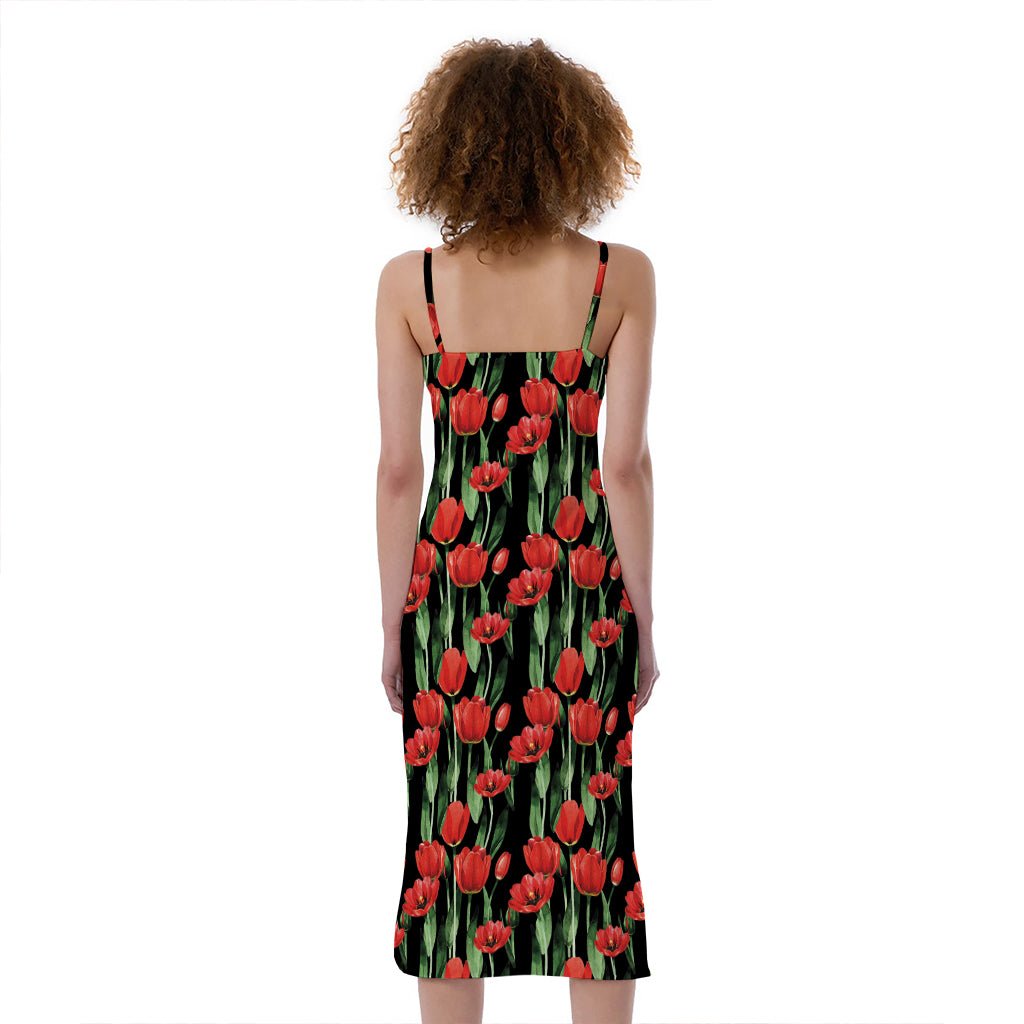 Red Watercolor Tulip Pattern Print Slim Fit Midi Cami Dress
