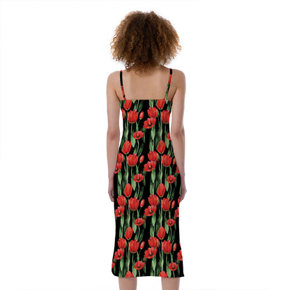 Red Watercolor Tulip Pattern Print Slim Fit Midi Cami Dress