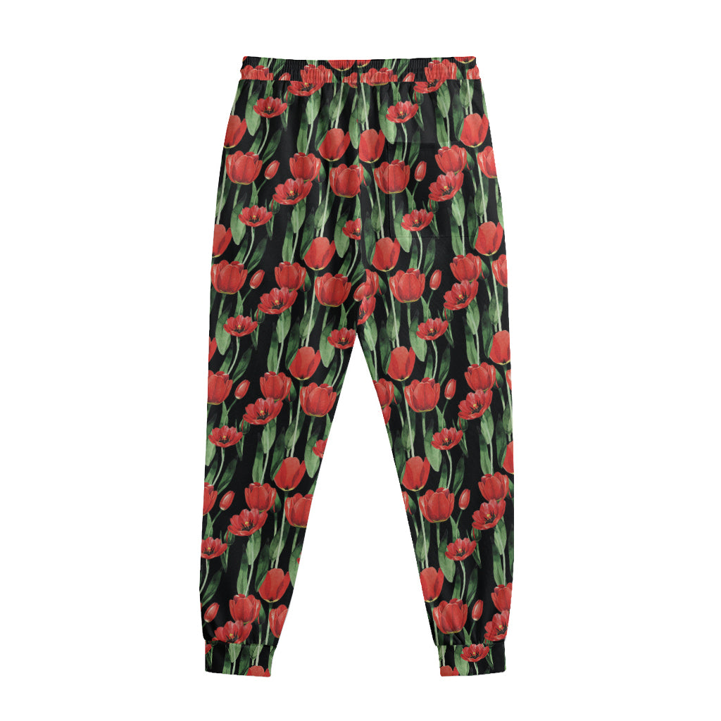 Red Watercolor Tulip Pattern Print Sweatpants