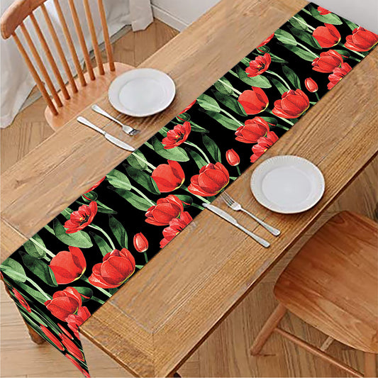 Red Watercolor Tulip Pattern Print Table Runner