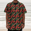 Red Watercolor Tulip Pattern Print Textured Short Sleeve Shirt