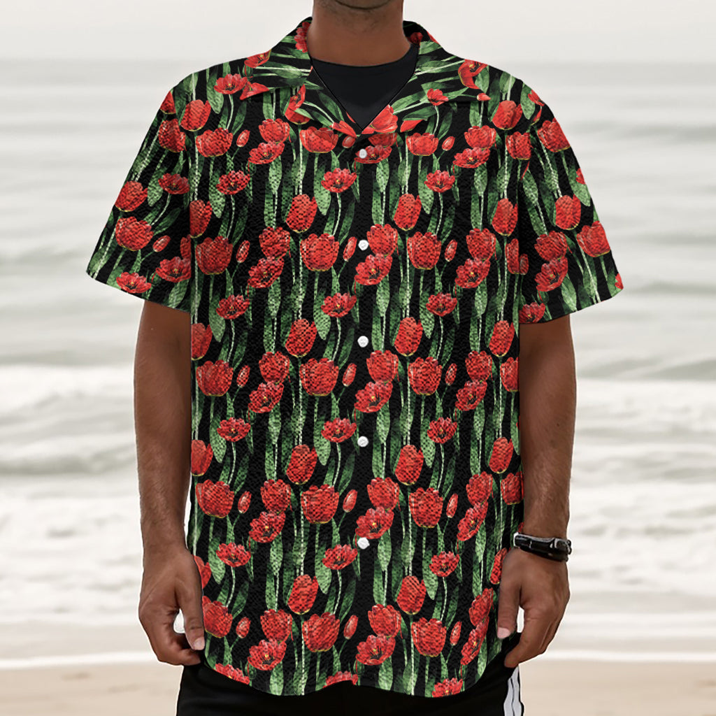 Red Watercolor Tulip Pattern Print Textured Short Sleeve Shirt