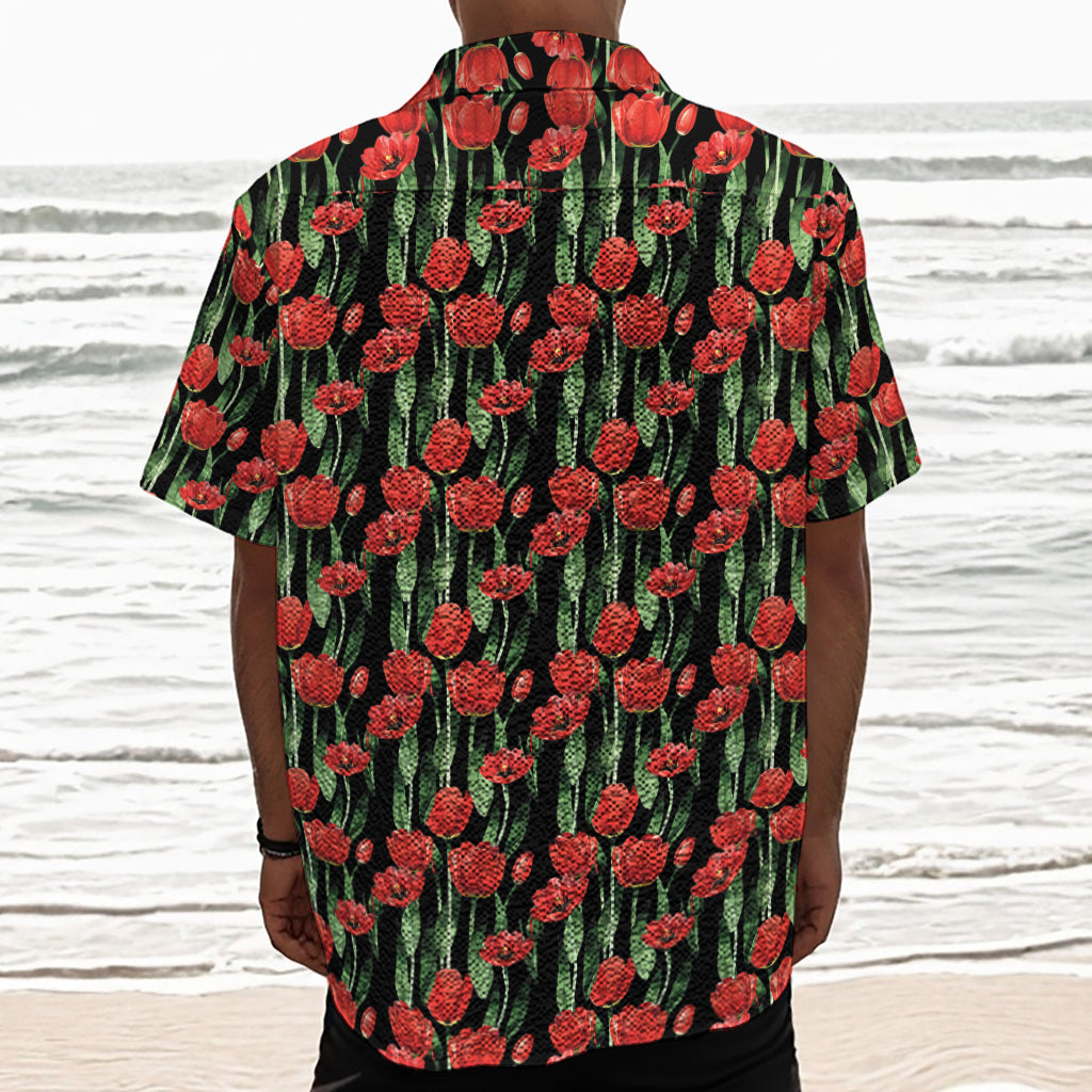 Red Watercolor Tulip Pattern Print Textured Short Sleeve Shirt