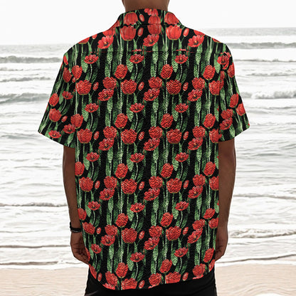 Red Watercolor Tulip Pattern Print Textured Short Sleeve Shirt