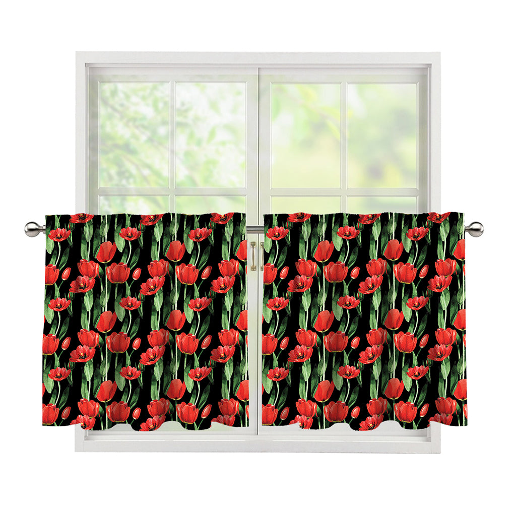 Red Watercolor Tulip Pattern Print Tier Curtains