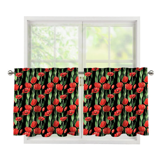 Red Watercolor Tulip Pattern Print Tier Curtains