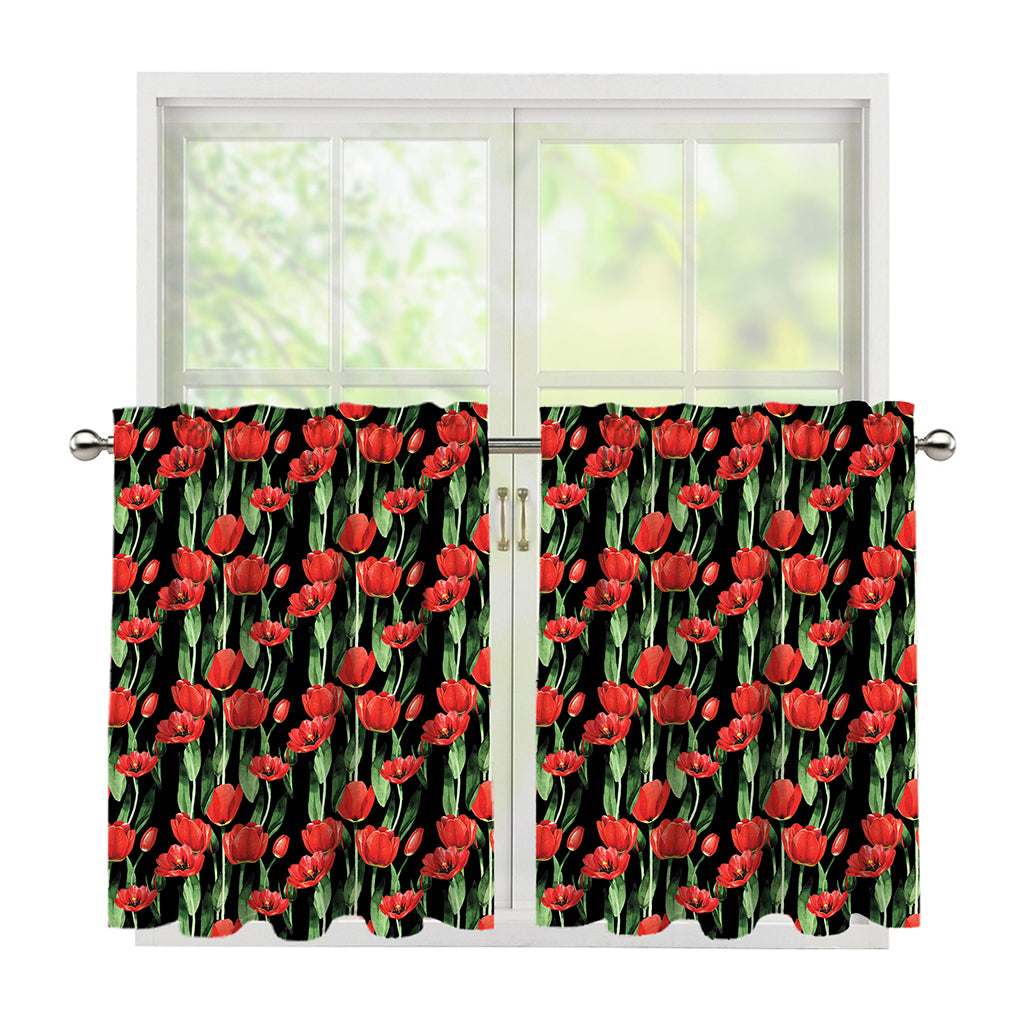 Red Watercolor Tulip Pattern Print Tier Curtains