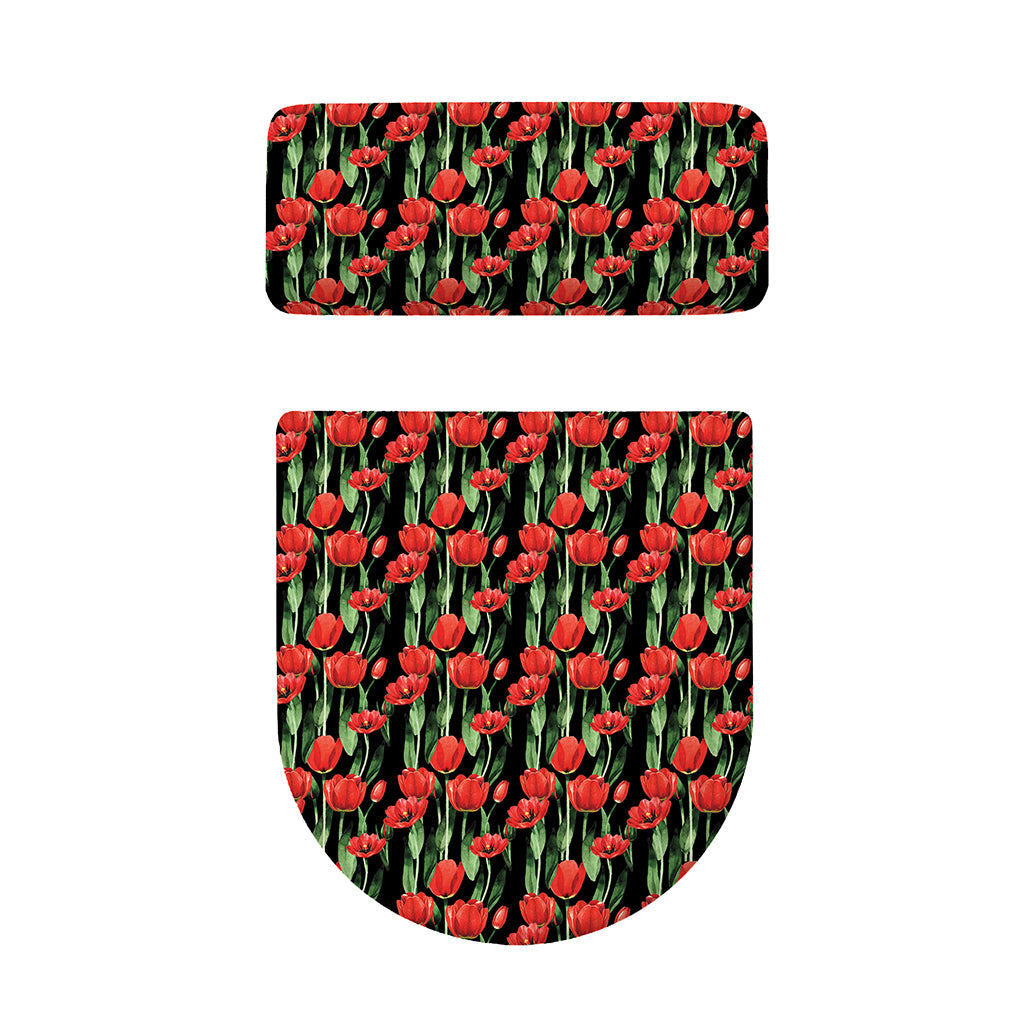 Red Watercolor Tulip Pattern Print Toilet Lid And Tank Cover Set