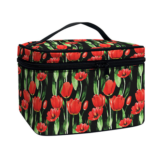 Red Watercolor Tulip Pattern Print Travel Makeup Bag