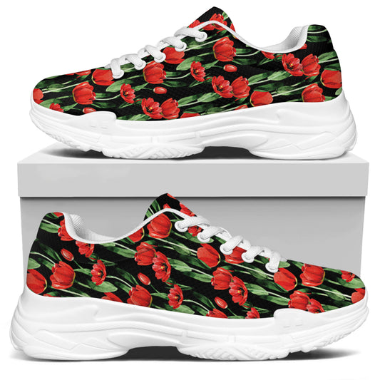 Red Watercolor Tulip Pattern Print White Chunky Shoes