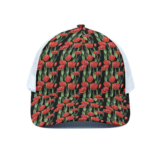 Red Watercolor Tulip Pattern Print White Mesh Trucker Cap