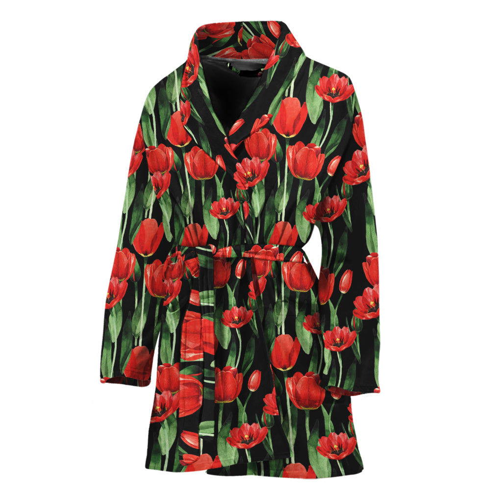 Red Watercolor Tulip Pattern Print Women's Bathrobe