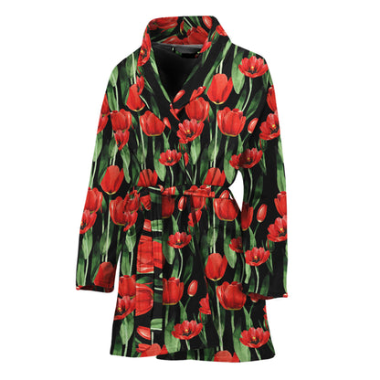Red Watercolor Tulip Pattern Print Women's Bathrobe