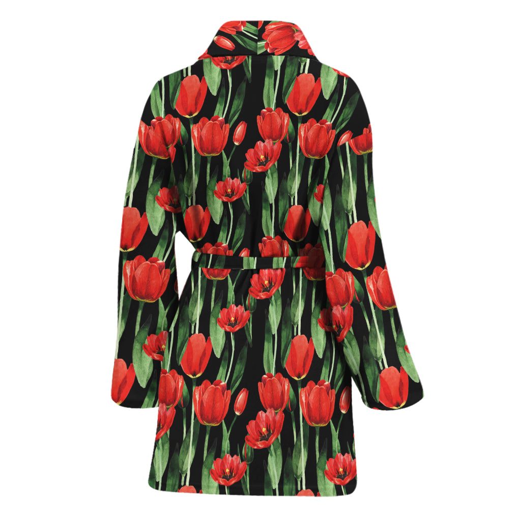 Red Watercolor Tulip Pattern Print Women's Bathrobe