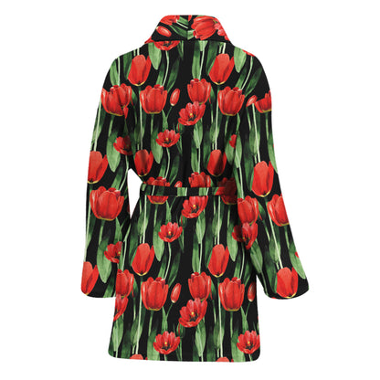 Red Watercolor Tulip Pattern Print Women's Bathrobe