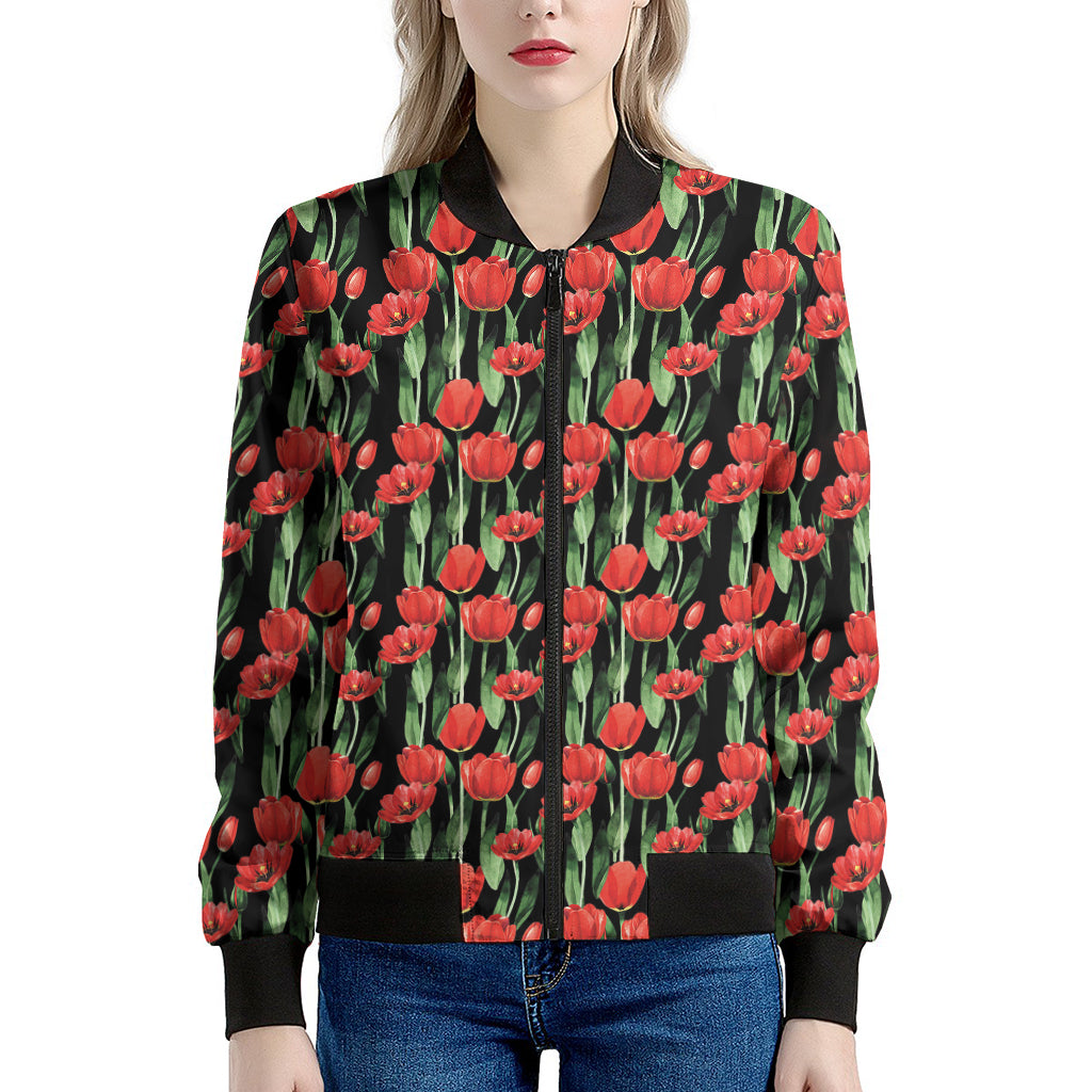 Red Watercolor Tulip Pattern Print Women's Bomber Jacket