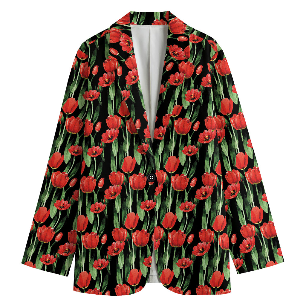 Red Watercolor Tulip Pattern Print Women's Cotton Blazer